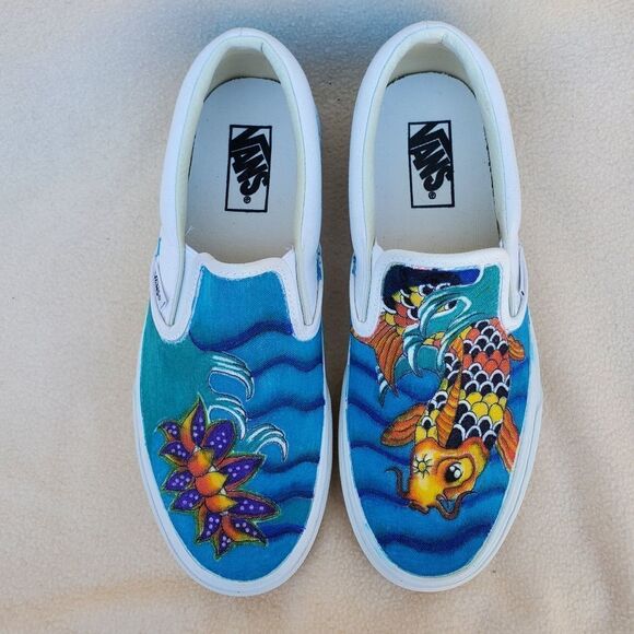 Hand Crafted Slip On Classic Vans with a Koi Fish and a Lotus Flower - Picture 8 of 11